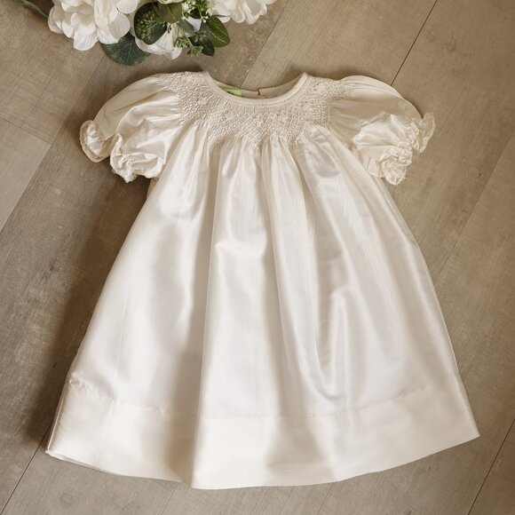 Ivory Silk Smocked Bishop Dress Size 12 Months Special Occasion Flower Girl NWT